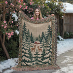 Snowy Evergreen Forest Christmas Woven Blanket - Deer & Cabin Tapestry Throw