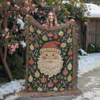 Retro Santa Face Christmas Woven Blanket - Vintage Santa Tapestry Throw