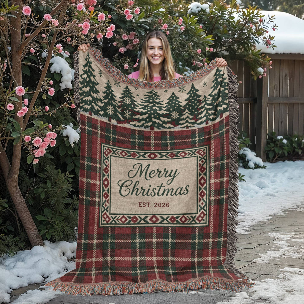 Plaid Family Christmas Woven Blanket - Tartan Throw with Name Plate, Est. 2026