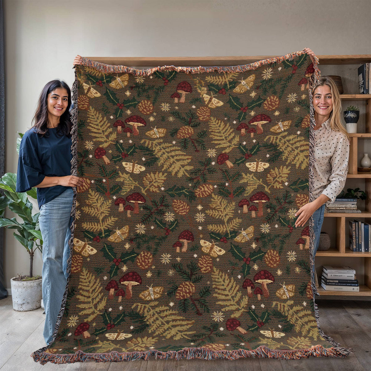 Dark Forest Floor Cottagecore Christmas Woven Blanket - Mushroom & Fern Tapestry Throw