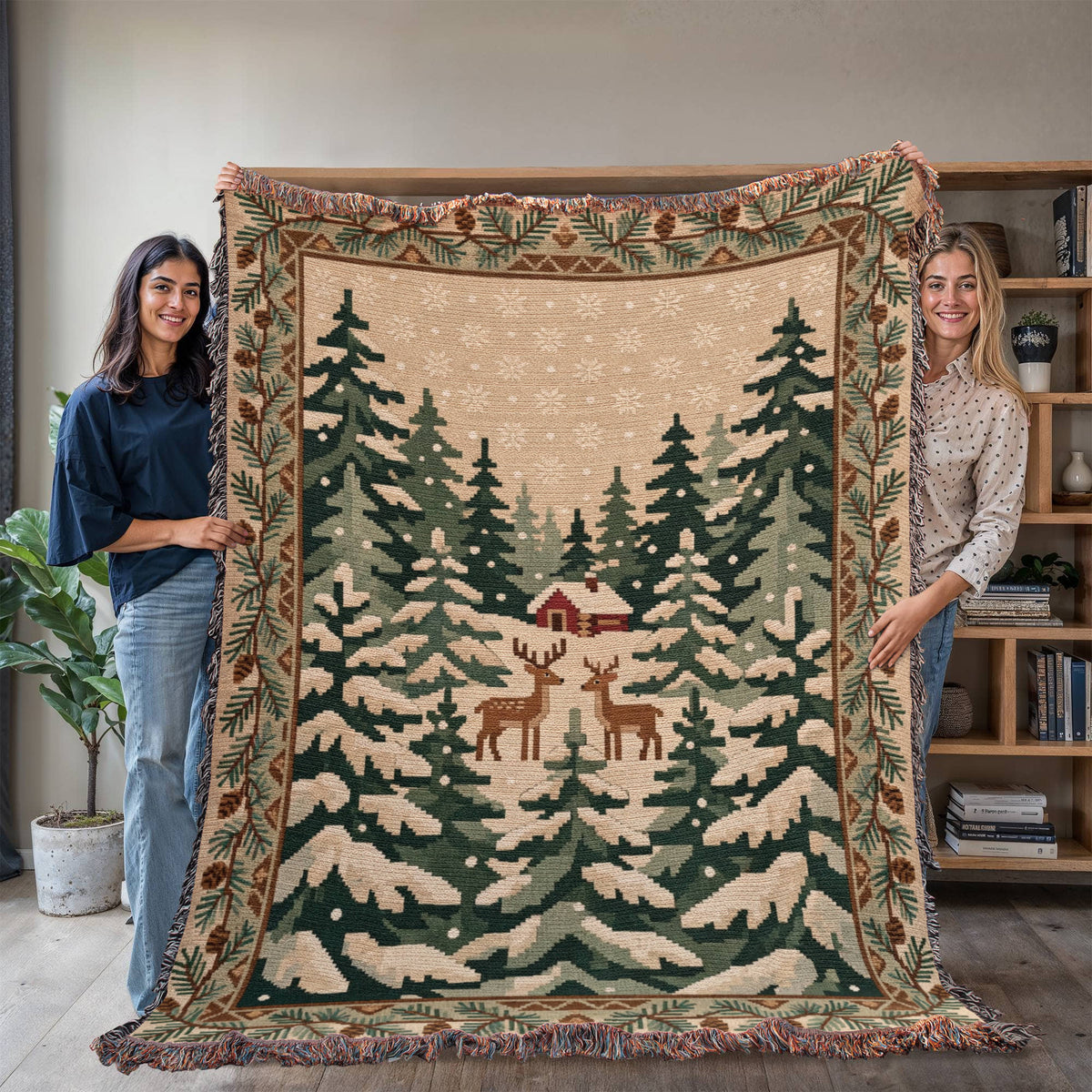 Snowy Evergreen Forest Christmas Woven Blanket - Deer & Cabin Tapestry Throw