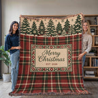 Plaid Family Christmas Woven Blanket - Tartan Throw with Name Plate, Est. 2026