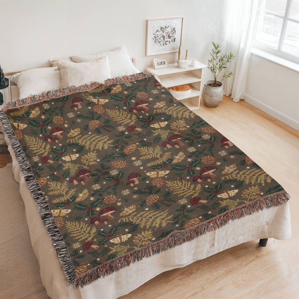 Dark Forest Floor Cottagecore Christmas Woven Blanket - Mushroom & Fern Tapestry Throw