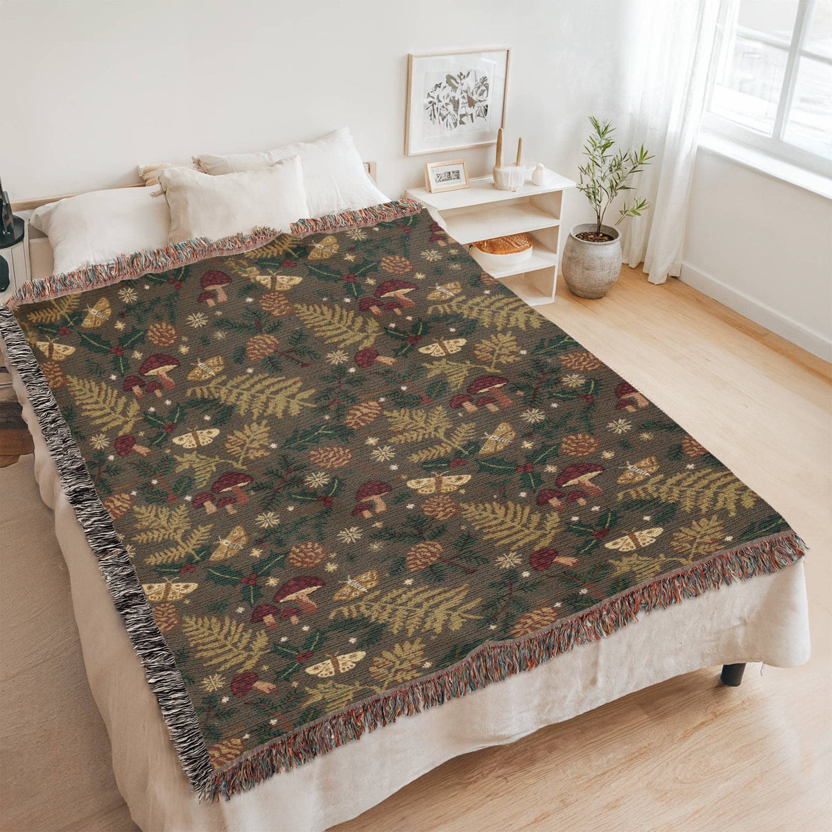 Dark Forest Floor Cottagecore Christmas Woven Blanket - Mushroom & Fern Tapestry Throw