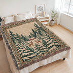 Snowy Evergreen Forest Christmas Woven Blanket - Deer & Cabin Tapestry Throw