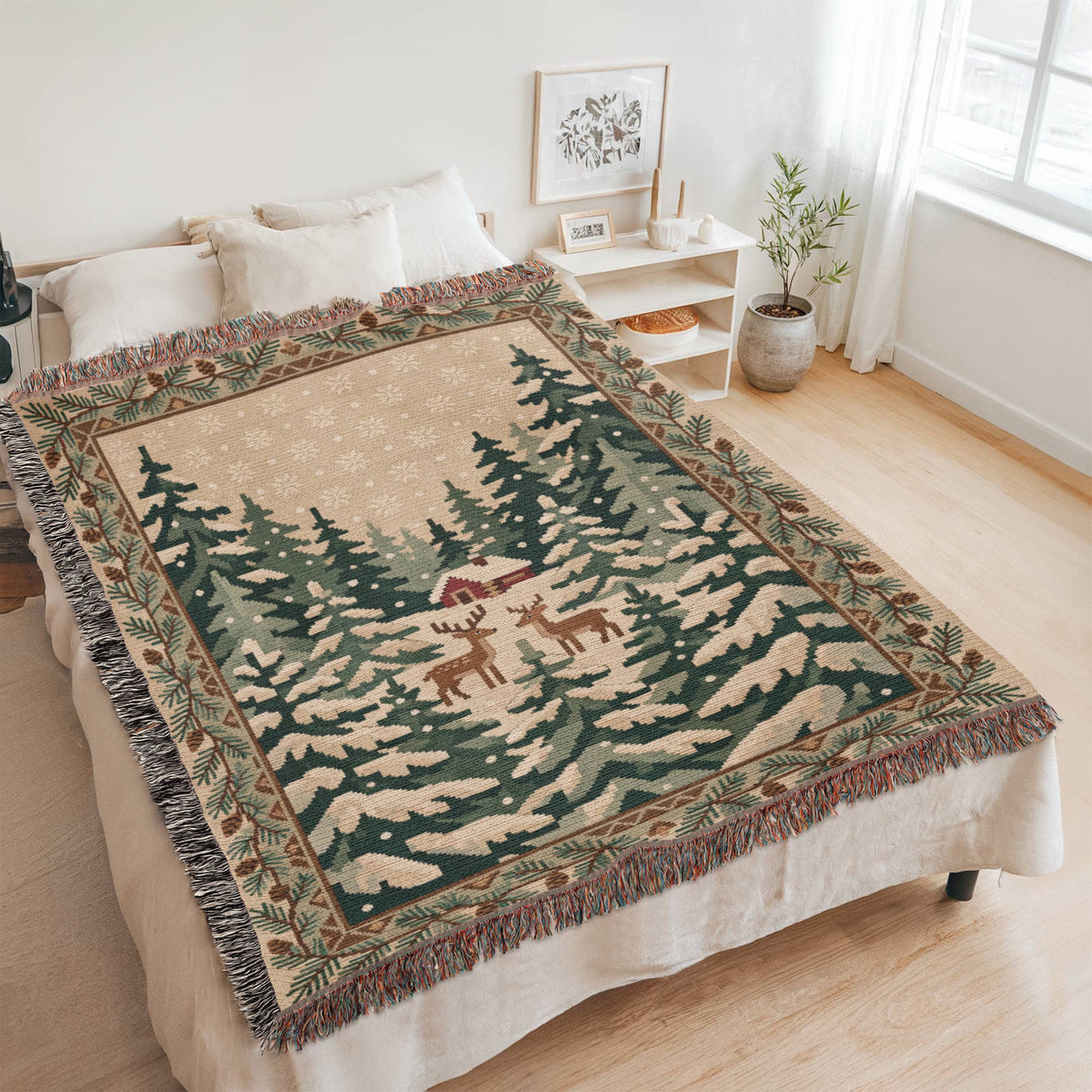 Snowy Evergreen Forest Christmas Woven Blanket - Deer & Cabin Tapestry Throw