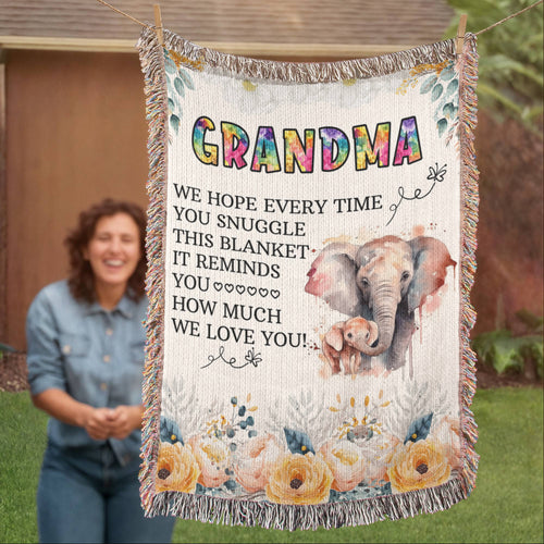 To My Grandma Elephant Woven Blanket – ‘Every Time You Snuggle This’ Gift from Grandkids