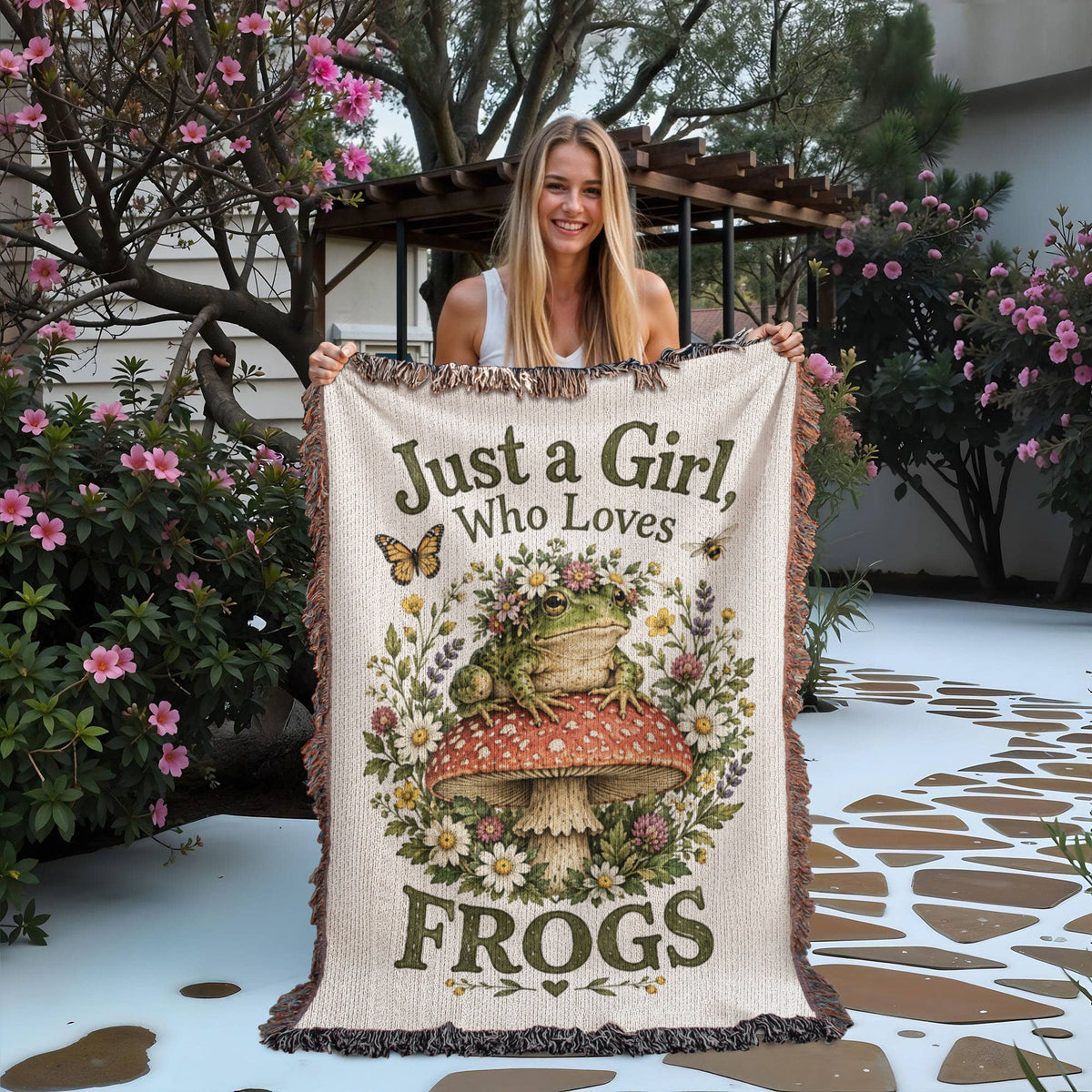 Just a Girl Who Loves Frogs – Cottagecore Woven Blanket