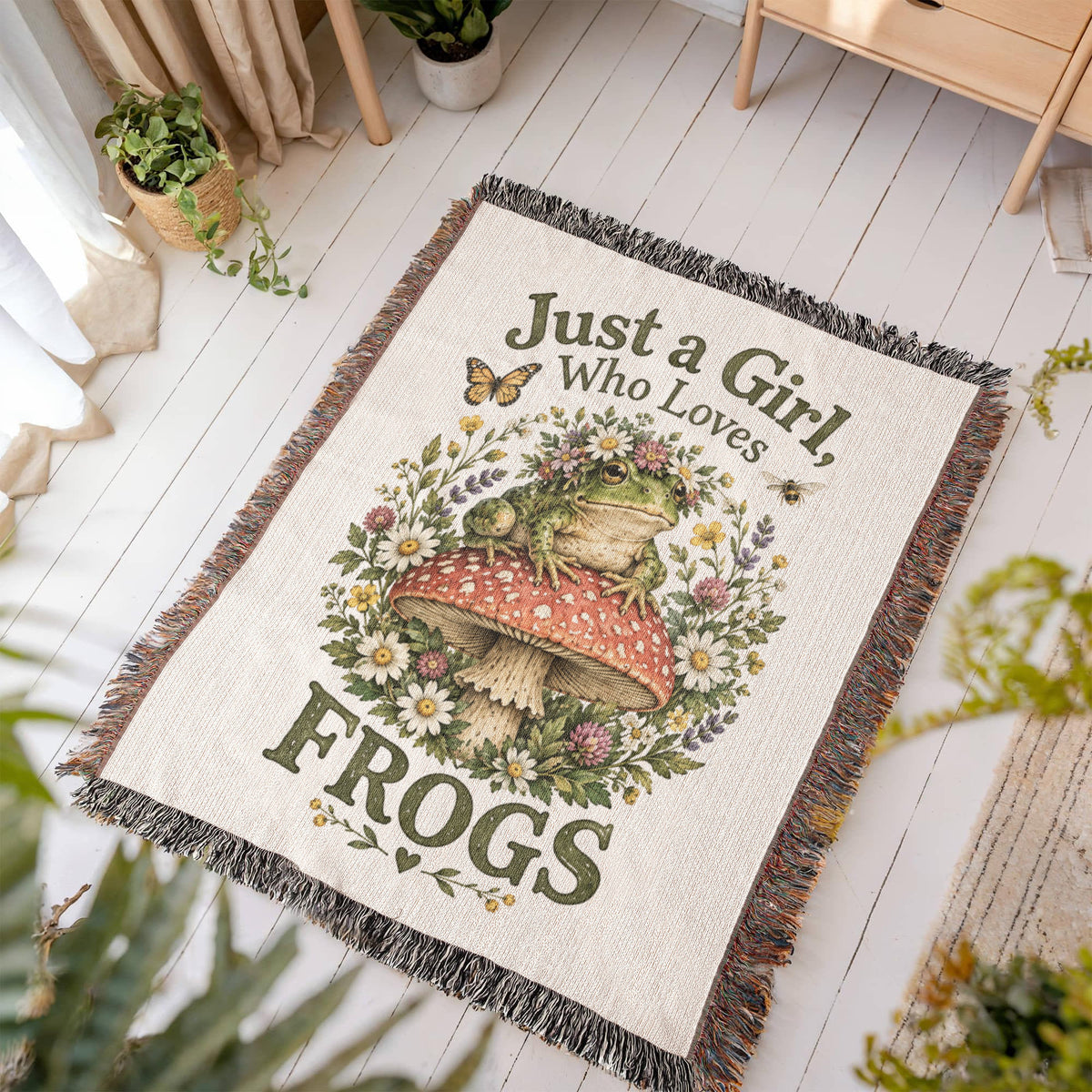 Just a Girl Who Loves Frogs – Cottagecore Woven Blanket