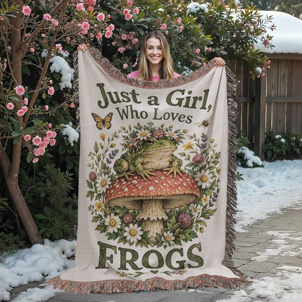 Just a Girl Who Loves Frogs – Cottagecore Woven Blanket