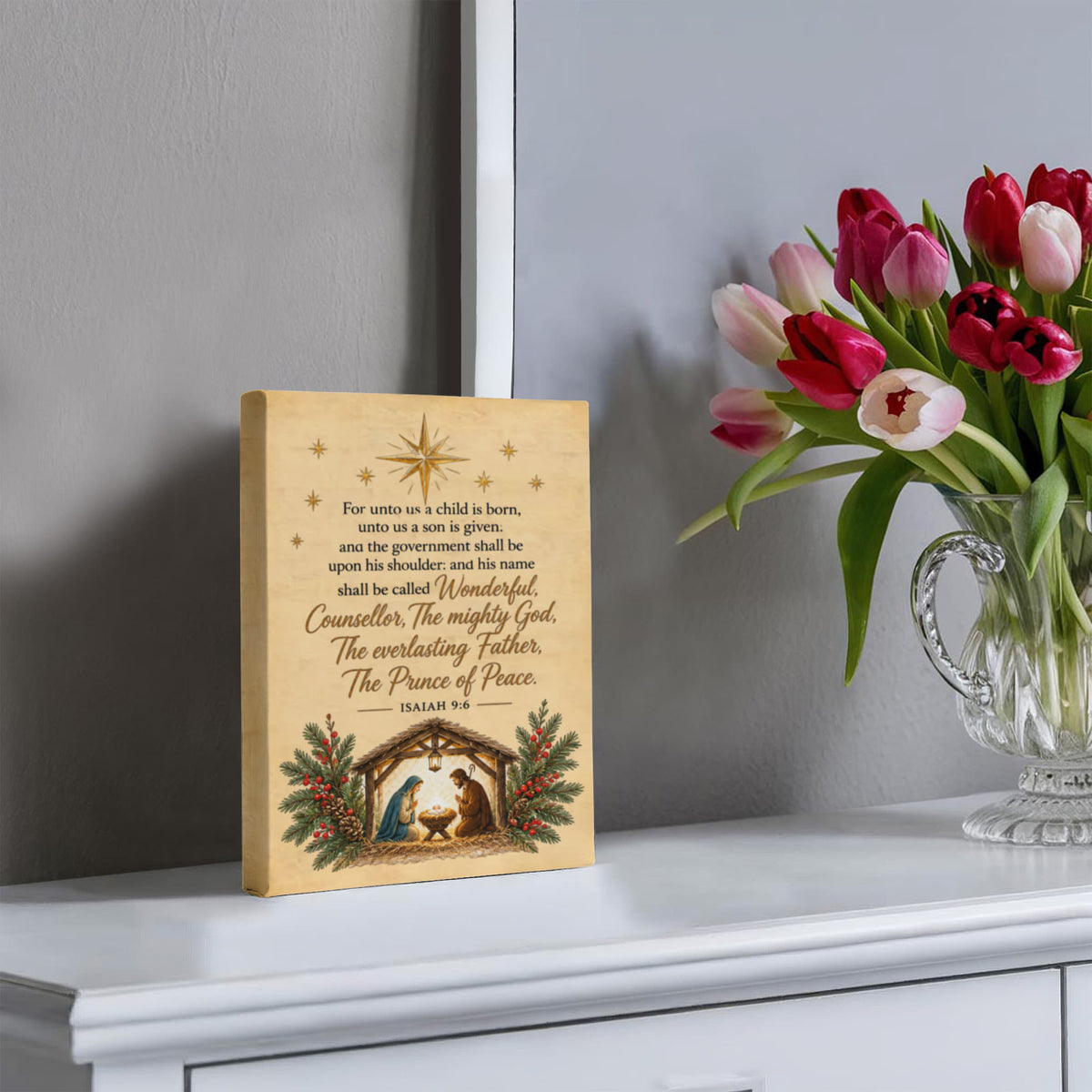 Vintage Nativity Scene Canvas | Isaiah 9:6 Christian Christmas Wall Art | Unto Us a Child is Born Scripture Sign | Religious Holiday Decor