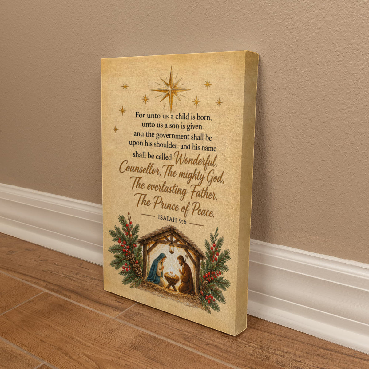 Vintage Nativity Scene Canvas | Isaiah 9:6 Christian Christmas Wall Art | Unto Us a Child is Born Scripture Sign | Religious Holiday Decor