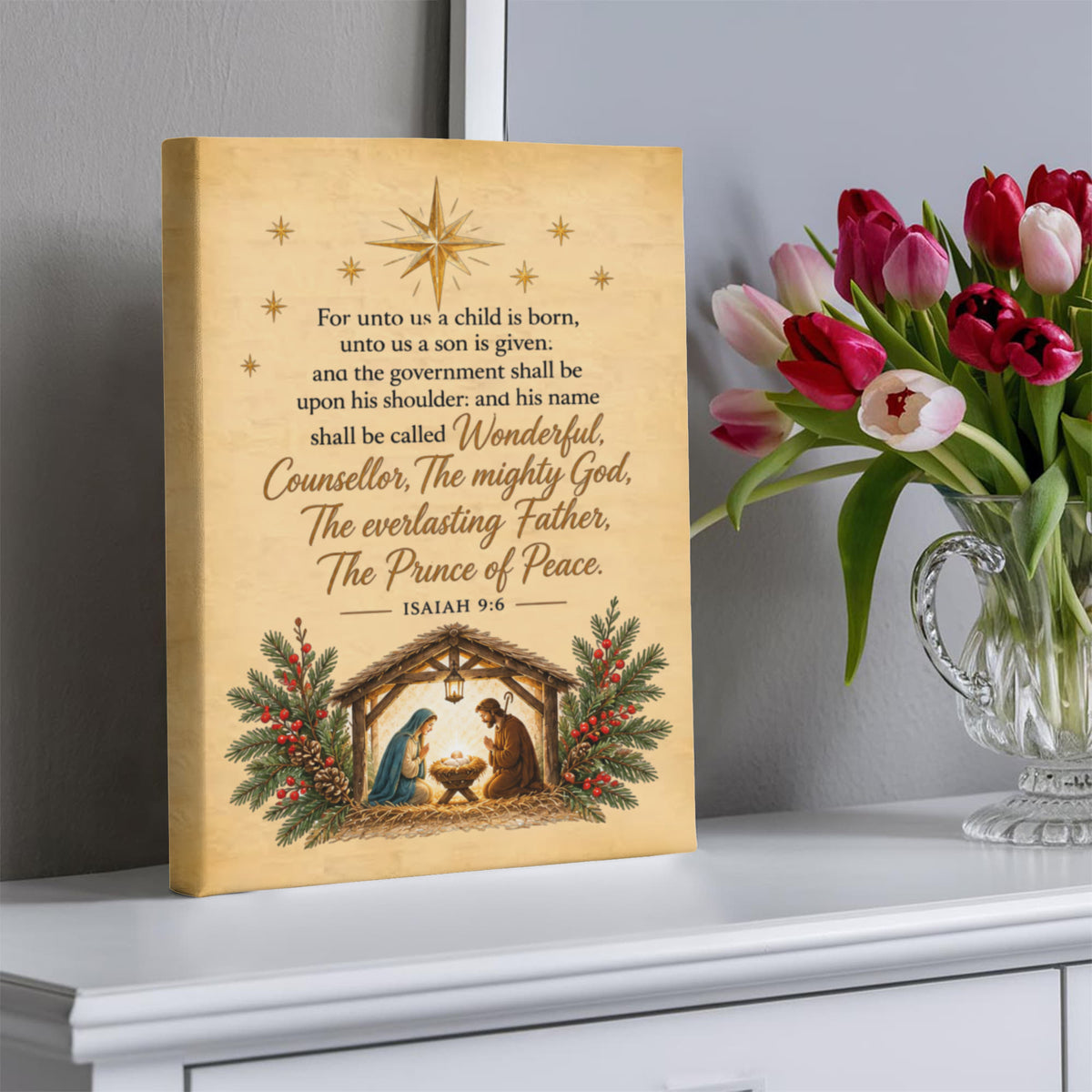 Vintage Nativity Scene Canvas | Isaiah 9:6 Christian Christmas Wall Art | Unto Us a Child is Born Scripture Sign | Religious Holiday Decor