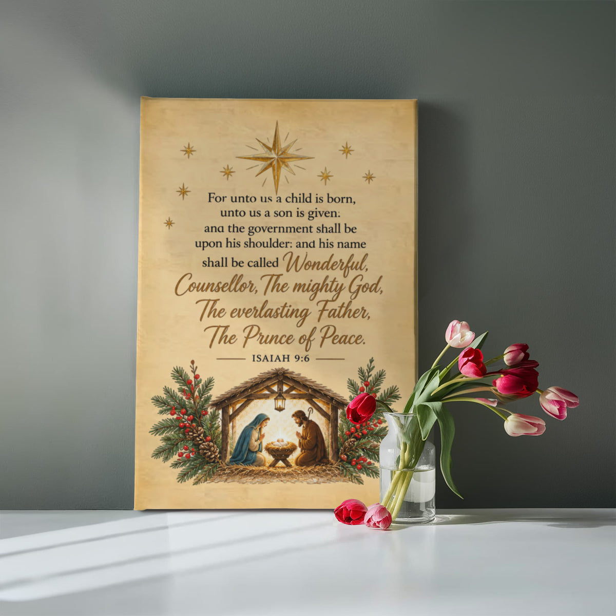 Vintage Nativity Scene Canvas | Isaiah 9:6 Christian Christmas Wall Art | Unto Us a Child is Born Scripture Sign | Religious Holiday Decor