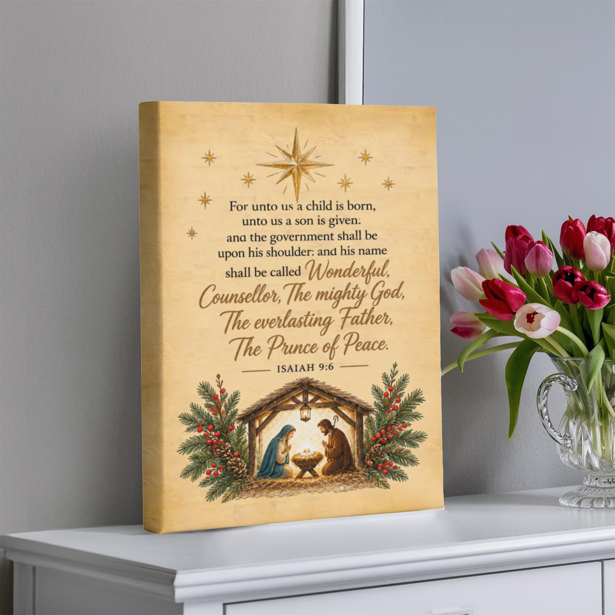 Vintage Nativity Scene Canvas | Isaiah 9:6 Christian Christmas Wall Art | Unto Us a Child is Born Scripture Sign | Religious Holiday Decor