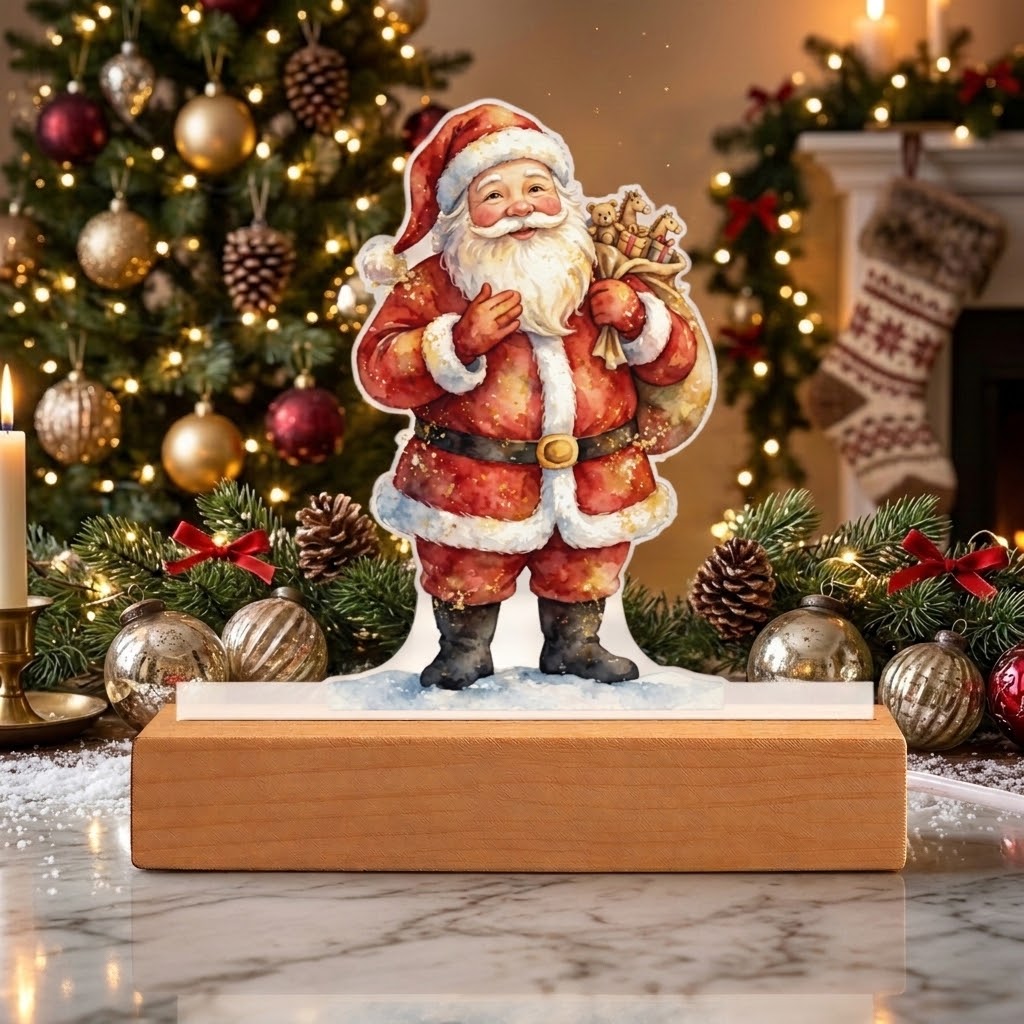 Santa Claus LED Plaque – Custom Cut Acrylic Christmas Night Light with Toy Sack