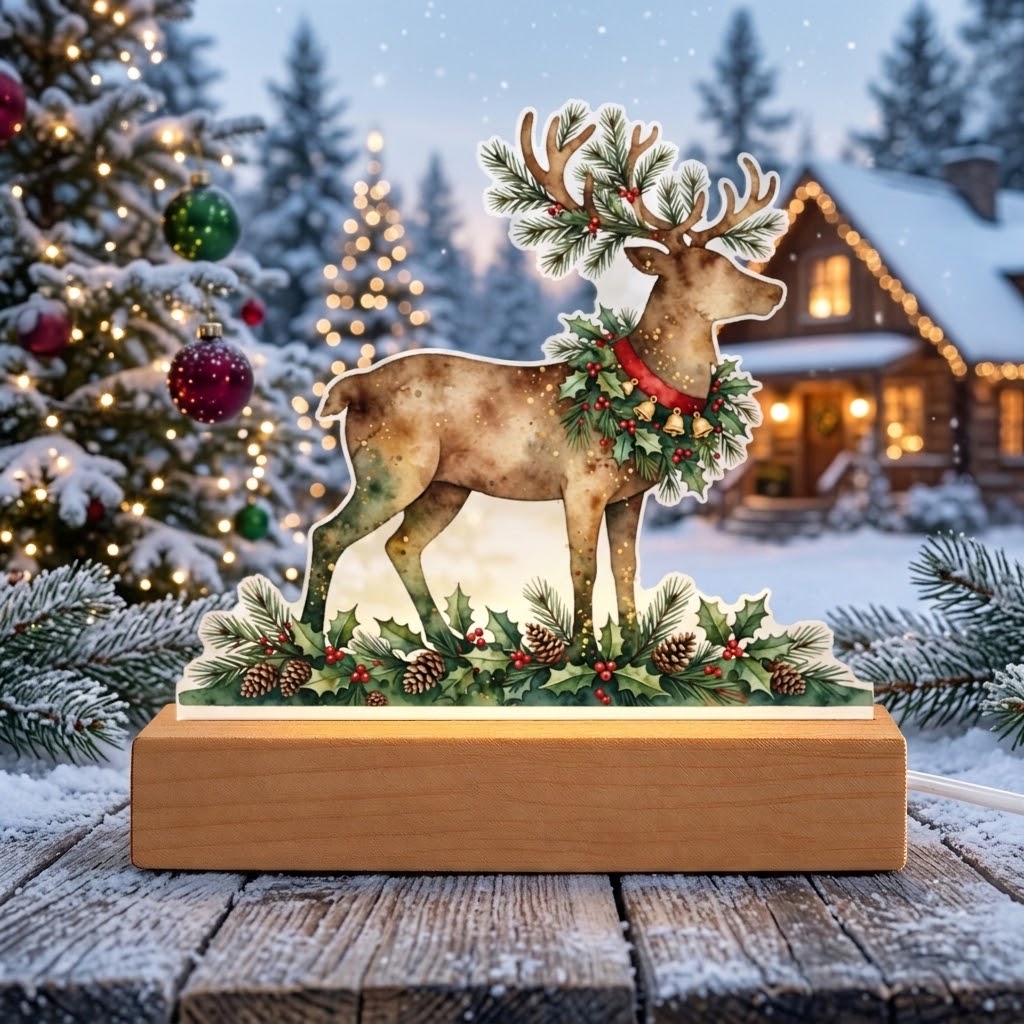 Christmas Reindeer LED Plaque – Custom Cut Acrylic Night Light with Holly Wreath