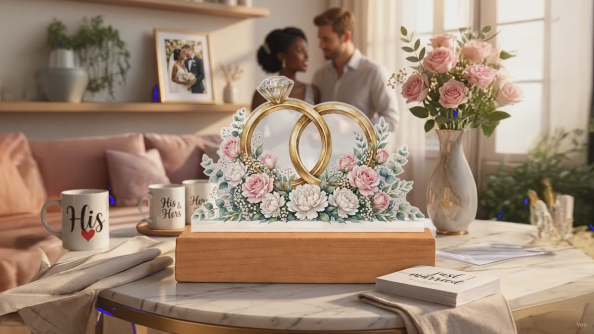 Interlocked Rings — gold bands with a diamond, wrapped in roses and eucalyptus
