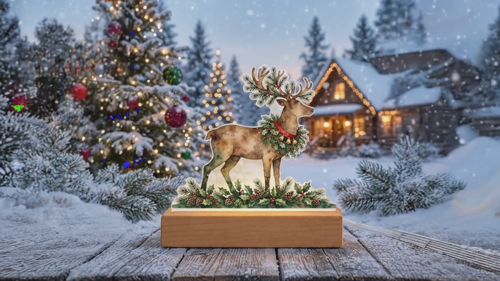 Christmas Reindeer LED Plaque – Custom Cut Acrylic Night Light with Holly Wreath
