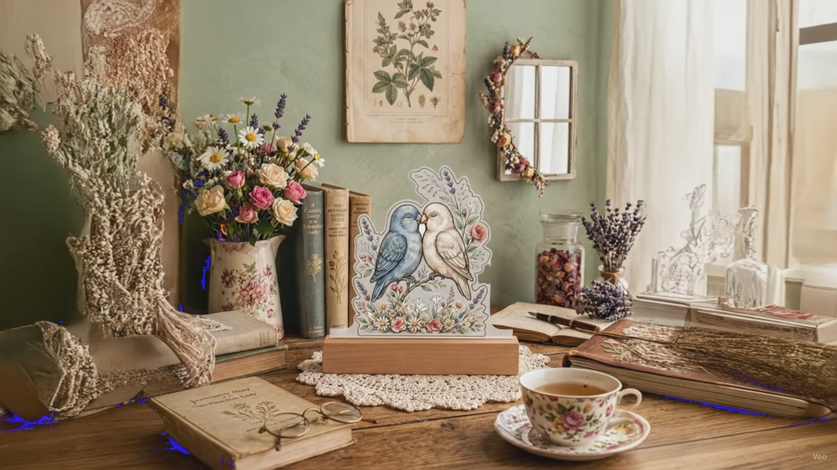 Lovebirds — dusty blue and cream, beaks touching over a wildflower base
